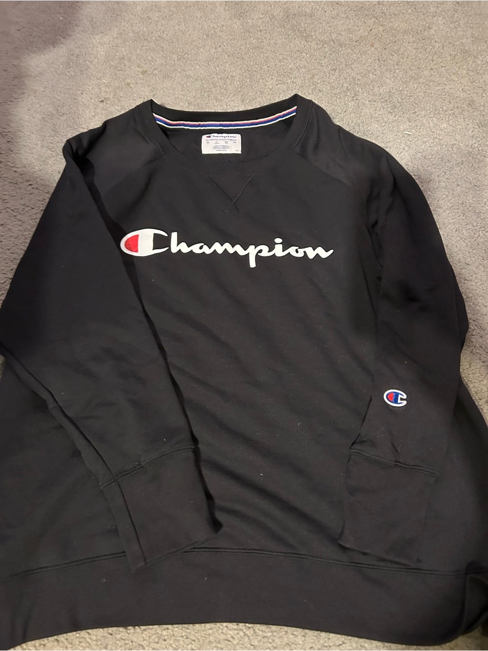 Champion Black Crewneck Sweatshirt with White Script and Red Accent